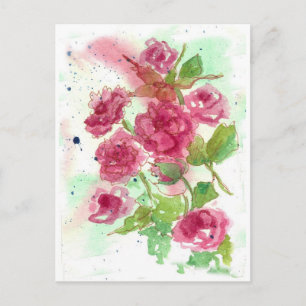 Postal Arte floral de acuarela de flor de rosa rosa