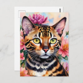 Postal Arte floral de acuarela de gato bengalí