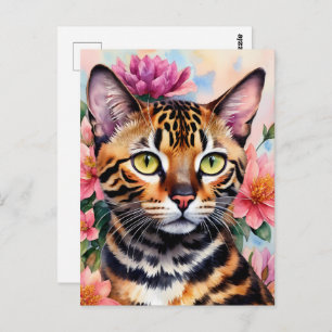 Postal Arte floral de acuarela de gato bengalí