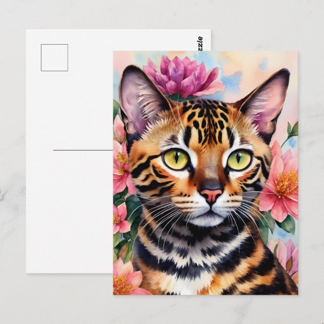 Postal Arte floral de acuarela de gato bengalí (Anverso / Reverso)