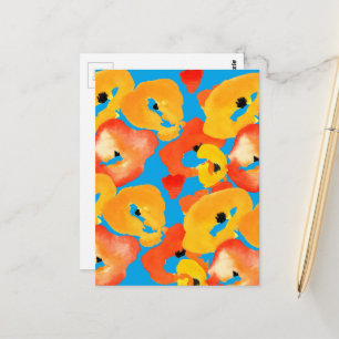 Postal Arte floral de amapolas rojas y naranjas