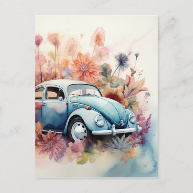 Postal Arte floral de autos retro clásicos (Anverso)