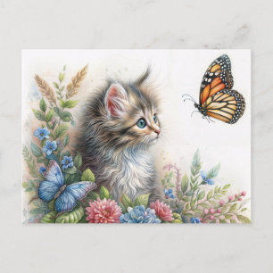 Postal Arte Floral de Gatito Mirando a Mariposa