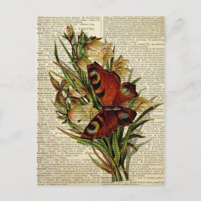 Postal Arte floral de mariposa en la página del diccionar (Anverso)