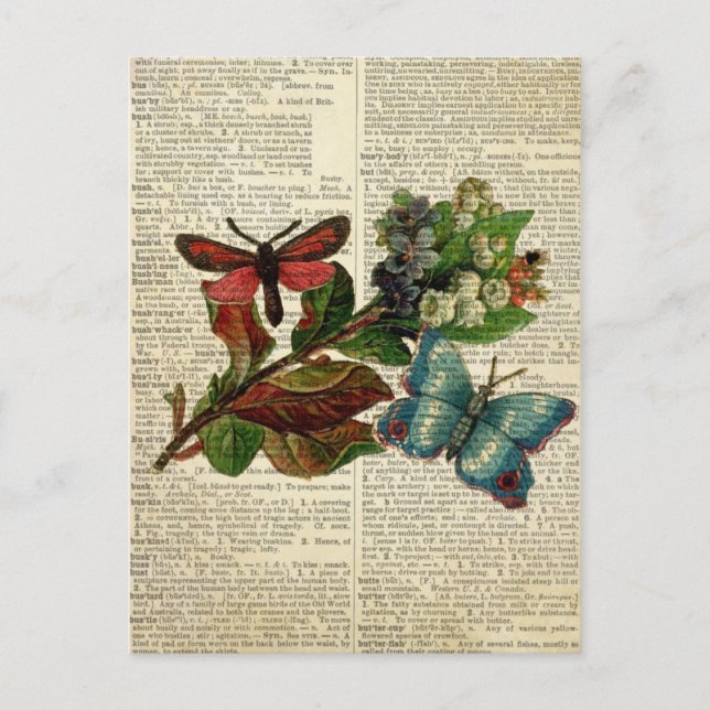 Postal Arte floral de mariposa en la página del diccionar (Anverso)