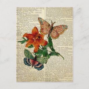 Postal Arte floral de mariposa en la página del diccionar