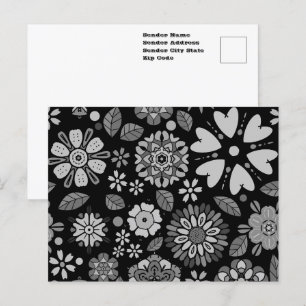 Postal Arte floral retro en negro y gris patrón continuo