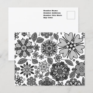 Postal Arte floral retro negro gris blanco patrón continu