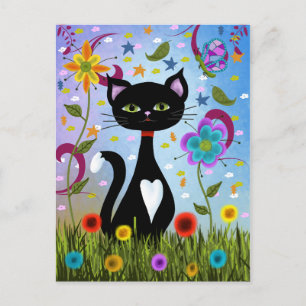 Postal Arte Folclórico Abstracto: Gato Negro y Blanco Enc