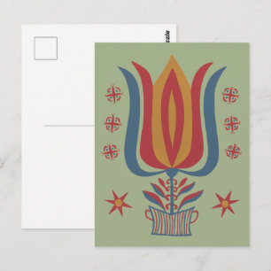 Postal Arte Folclórico Americano Antiguo Decoración Flora