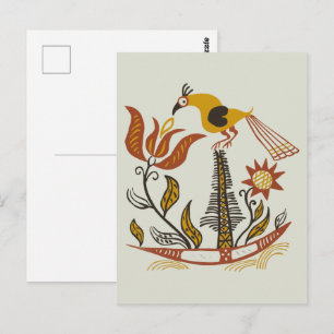 Postal Arte Folclórico Americano Antiguo Tulipán Pájaro C