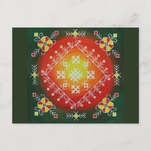 Postal Arte folklórico tradicional de Letonia con símbolo