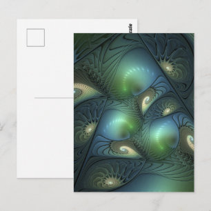 Postal Arte fractal abstracto espirales verde beige azul
