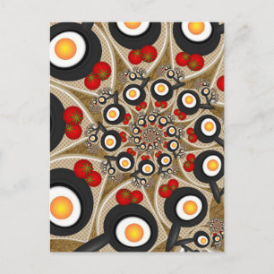 Postal Arte fractal divertido de brunch, tomates, huevos
