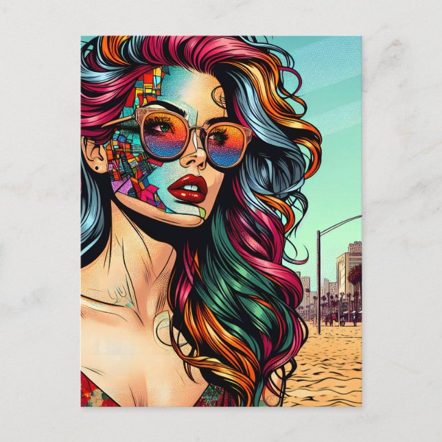 Postal Arte Fracturado | Mujer Abstracta en la Playa (Anverso)