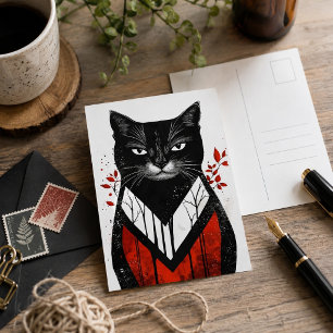 Postal Arte Gótico de Gato Negro Rojo Moderno Felino