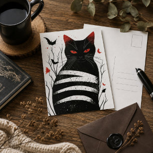 Postal Arte Gótico de Gato Negro Rojo Moderno Ilustración