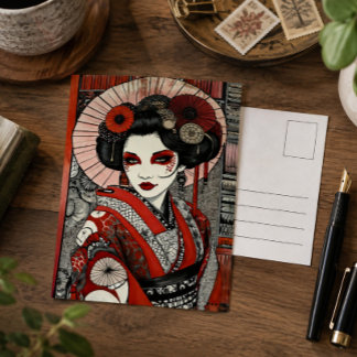 Postal Arte gótico inspirado en Geisha japonesa rojo negr