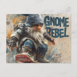 Postal Arte gráfico de gnomos rebeldes en monopatín
