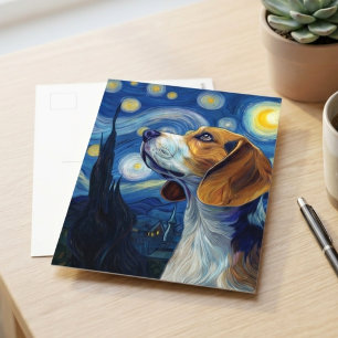 Postal Arte Impresionista de Perro Beagle Noche Estrellad