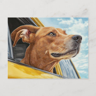 Postal Arte Impreso de Perro Feliz en Coche Amarillo