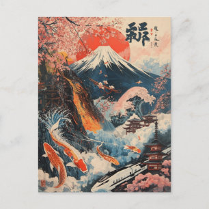 Postal Arte japonés de flor de cerezo de Mount Fuji Koi F