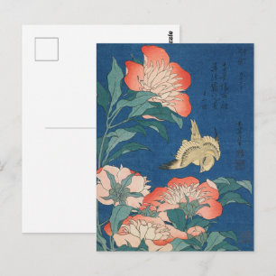 Postal Arte japonés de Hokusai Peonías y Canario