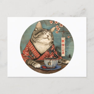 Postal Arte japonés de moda felino feliz con una taza de