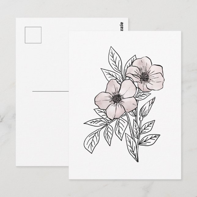 Postal Arte lineal de acuarela de flores, elemento estéti (Anverso / Reverso)
