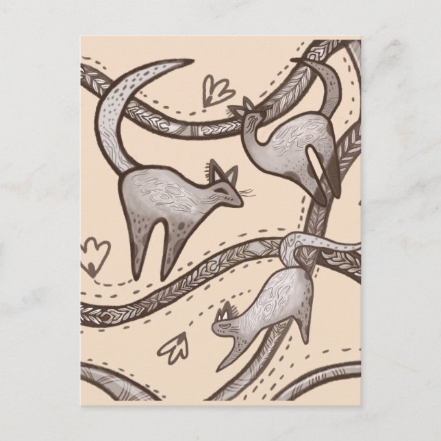Postal arte lineal de gatos divertidos (Anverso)