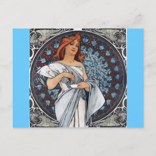 Postal Arte mucha vestido blanco mujer cuchara taza