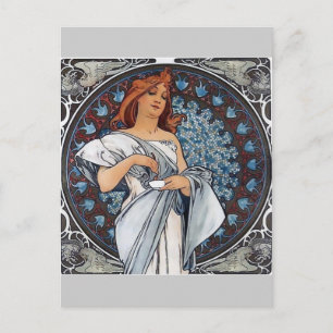 Postal Arte mucha vestido blanco mujer cuchara taza