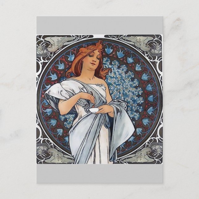 Postal Arte mucha vestido blanco mujer cuchara taza (Anverso)