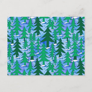 Postal Arte Naíf Bosque de Abetos Invernal Verde Azul