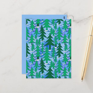 Postal Arte Naíf Bosque de Abetos Invernal Verde Azul