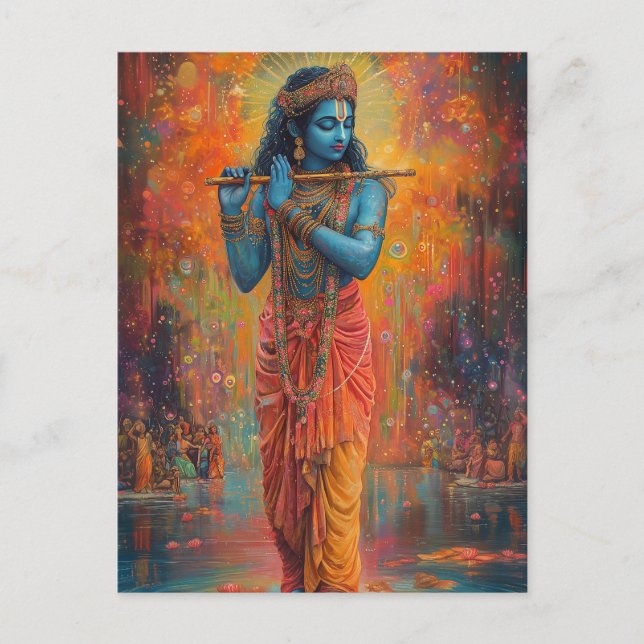 Postal Arte naranja azul de Lord Krishna tocando la flaut (Anverso)