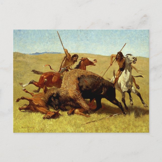 Postal Arte Occidental de Frederic Remington “Caza de Búf (Anverso)