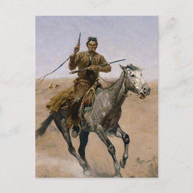 Postal Arte occidental de Frederic Remington "El Vuelo" (Anverso)