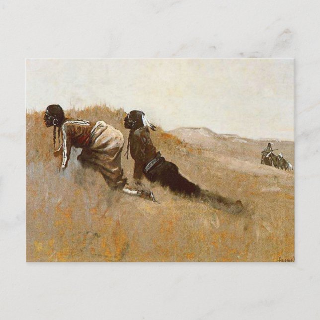 Postal Arte occidental "Scouts indios miran el monstruo" (Anverso)