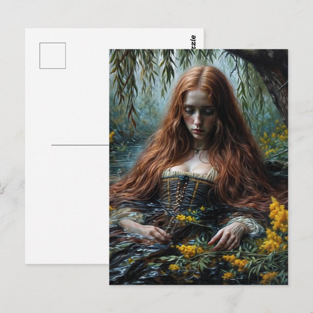 Postal Arte original de Ofelia medio sumergida  (Anverso / Reverso)