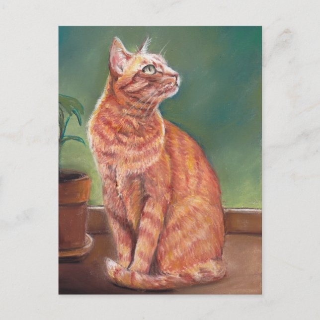 Postal Arte Pastel de gato amarillo en la tabla (Anverso)