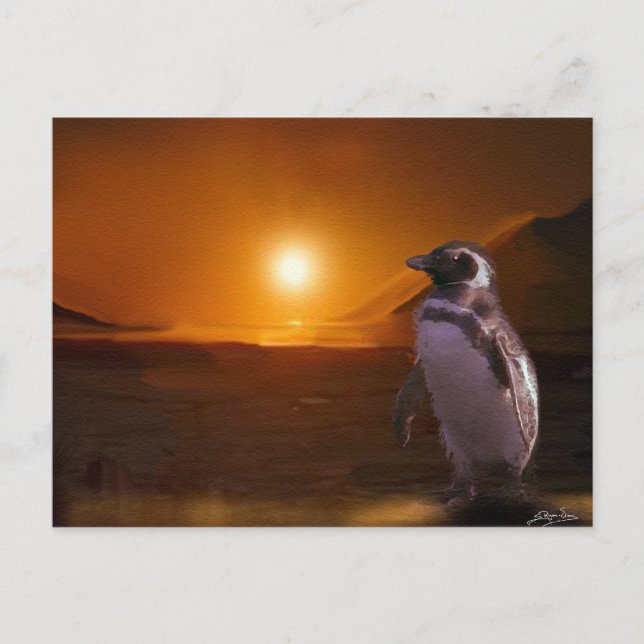 Postal Arte Penguino y atardecer antártico (Anverso)
