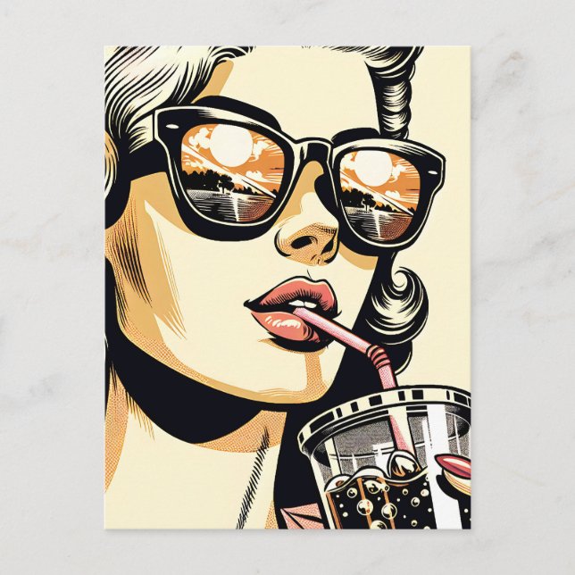 Postal Arte Pop Comic Mujer Bonita Bebiendo Refresco (Anverso)