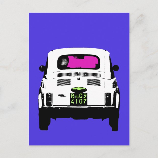 Postal arte pop del estilo Fiat 500 en Roma (Anverso)