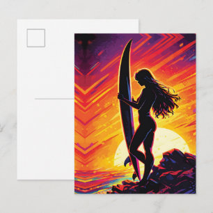 Postal Arte Pop Silueta de puesta de sol de chica surfist