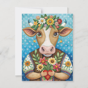 Postal Arte popular de cumpleaños con vaca del corazón 