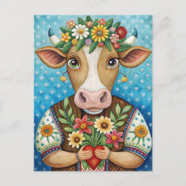 Postal Arte popular de cumpleaños con vaca del corazón 