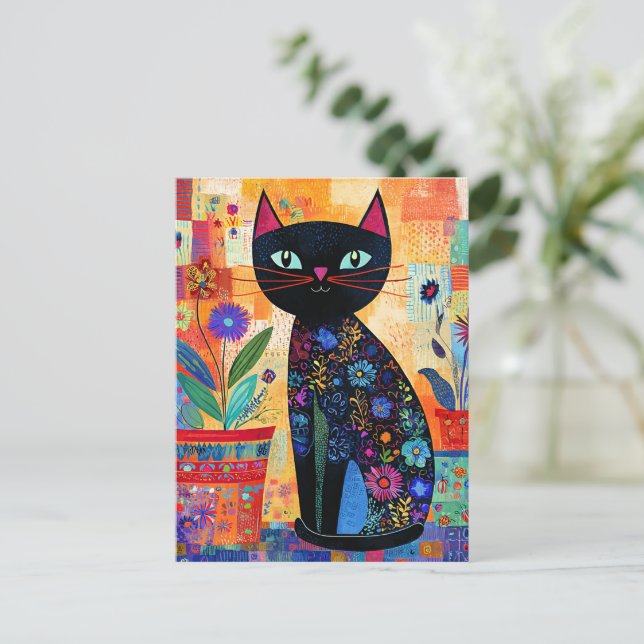 Postal Arte popular de gato negro (Anverso de pie)