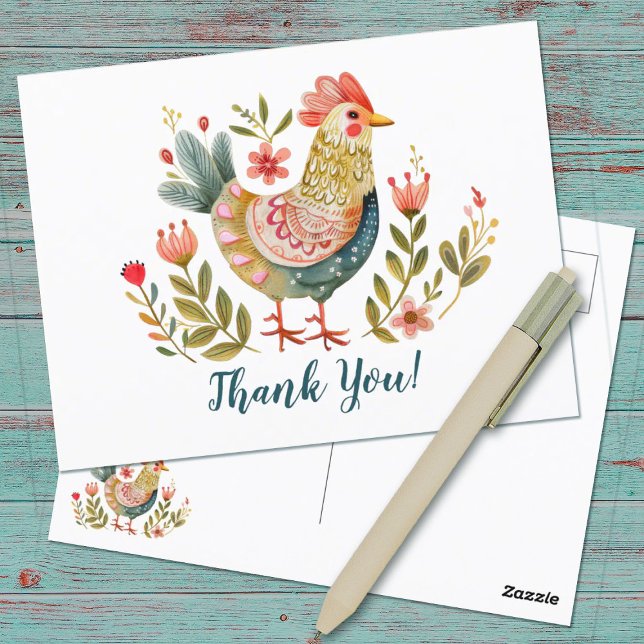Postal Arte popular de pollo con acuarela colorida gracia (A pretty watercolor folk art chicken thank you postcard.)