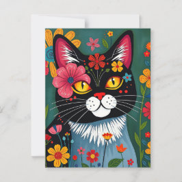 Postal Arte popular lindo Gato caprichoso y flores